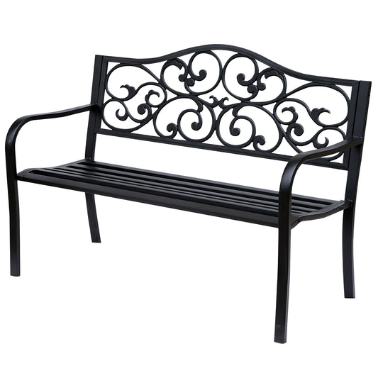 Photo of Outsunny Metal Garden Bench with Floral Backrest and Armrests - Black in Black colour on a white background