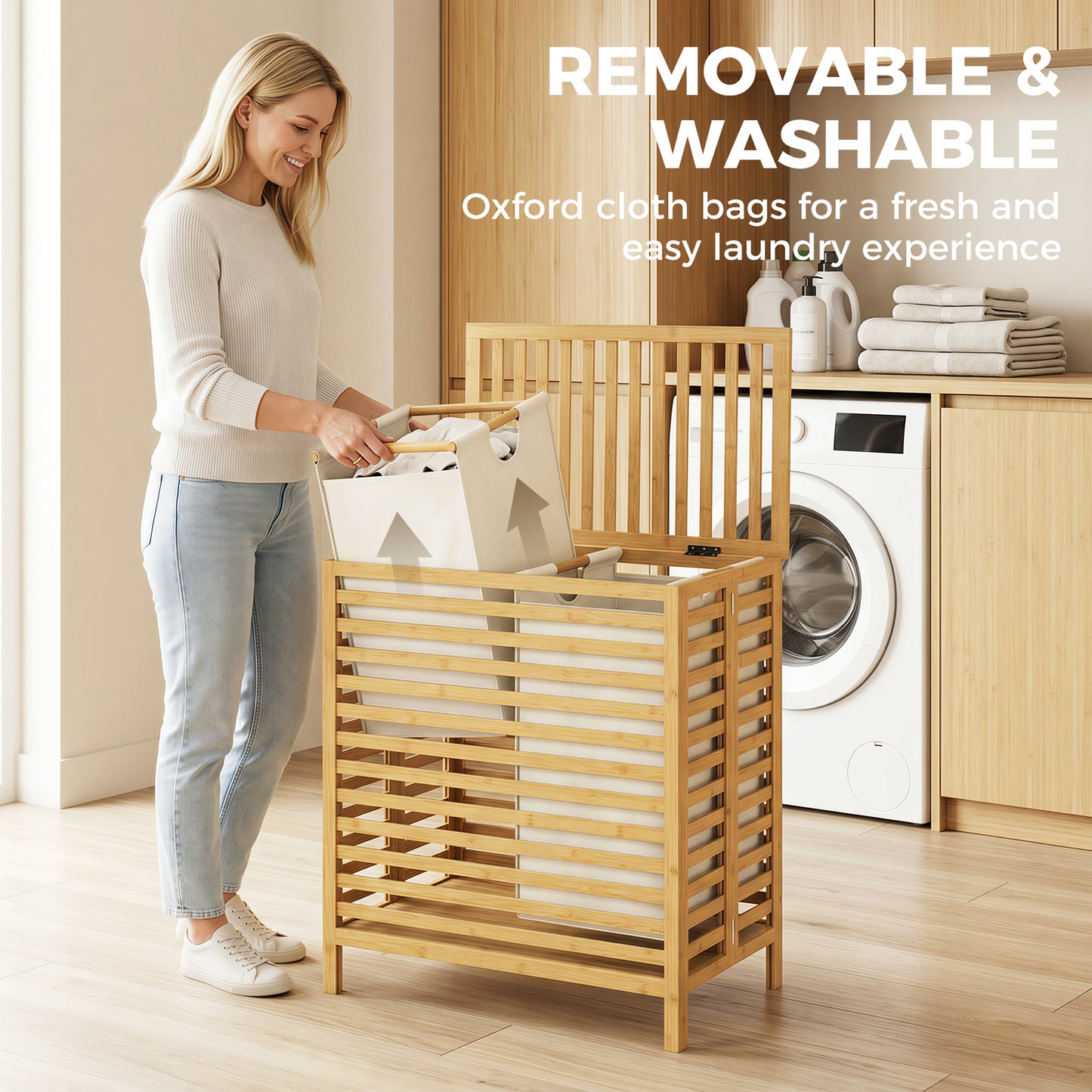 HOMCOM Bamboo Laundry Basket with Lid, 2 Baskets, Foldable, 64L, Natural and Cream White
