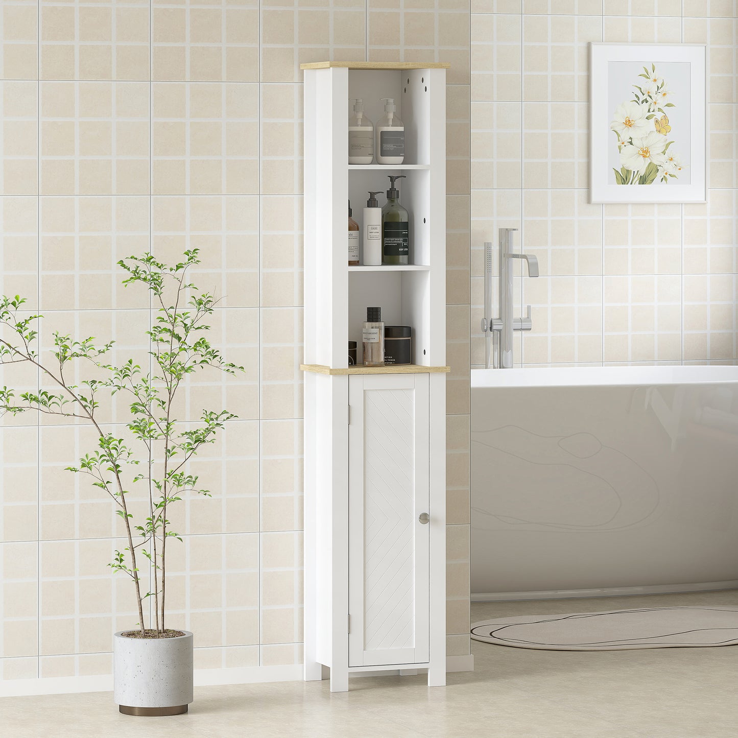 kleankin Slim Bathroom Storage Unit with Open Compartment, Bathroom Storage Cabinet with Adjustable Shelf, 34 x 23 x 165 cm, White