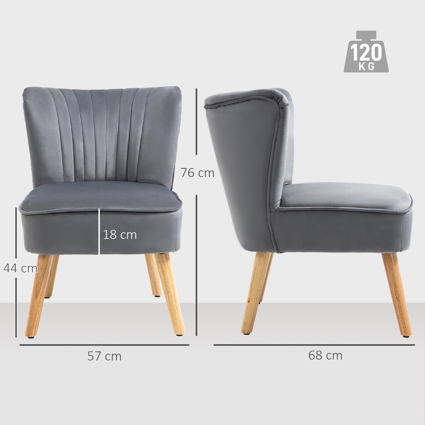 HOMCOM Modern Accent Chair, Fabric Living Room Chair with Rubber Wood Legs and Thick Padding, Grey