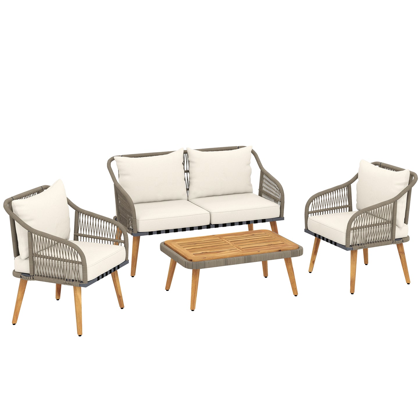 Photo of Outsunny 4 Piece Rattan Garden Furniture Set with Loveseat, Armchairs, Wood Table, Wicker Patio Conversation Set, Cream White in White colour on a white background