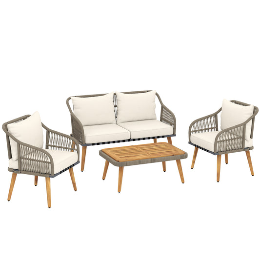 Photo of Outsunny 4 Piece Rattan Garden Furniture Set with Loveseat, Armchairs, Wood Table, Wicker Patio Conversation Set, Cream White in White colour on a white background