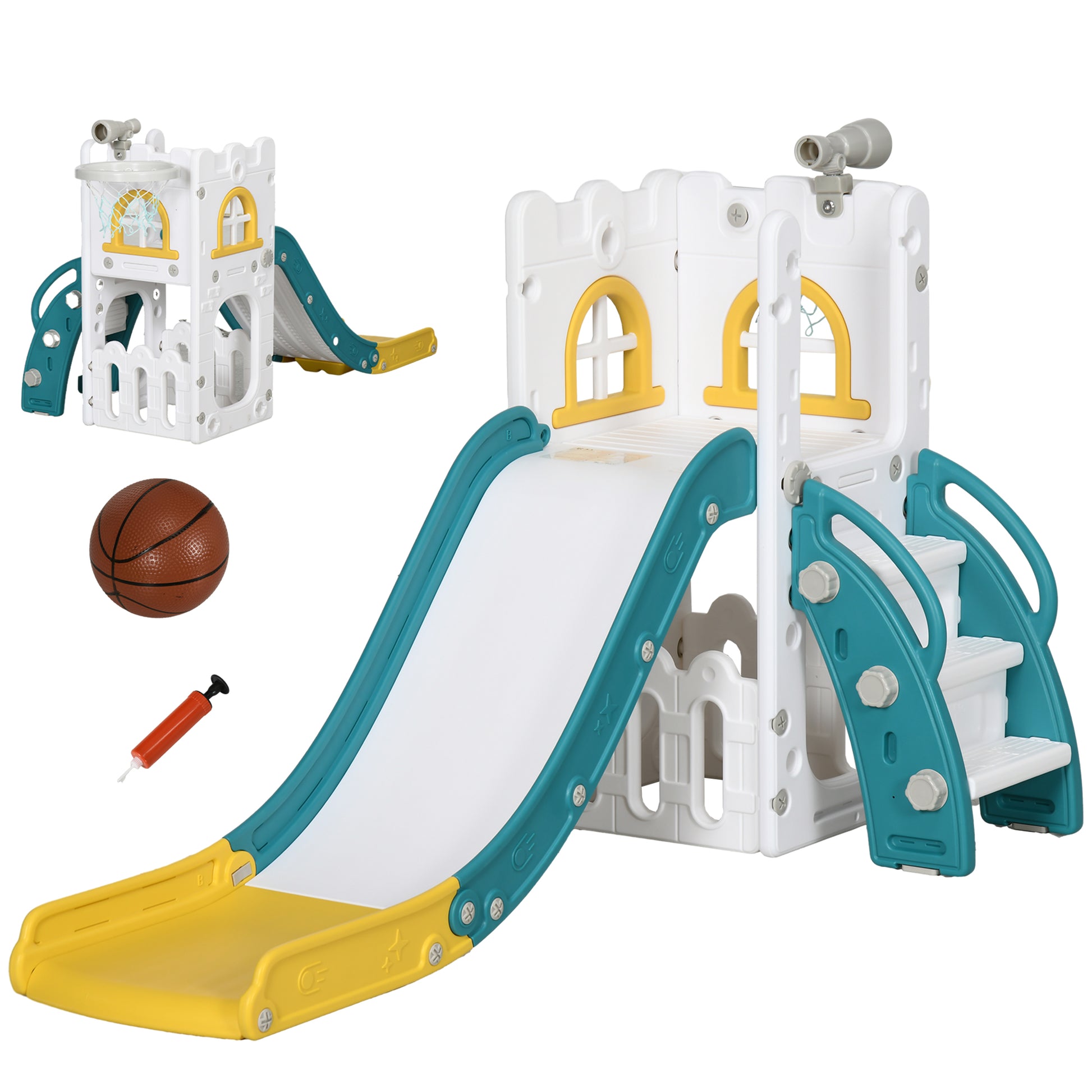 Photo of AIYAPLAY 5 in 1 Toddler Slide with Basketball Hoop, Climber, Telescope, Storage Basket, for Ages 1-3 Years, Yellow in Yellow colour on a white background