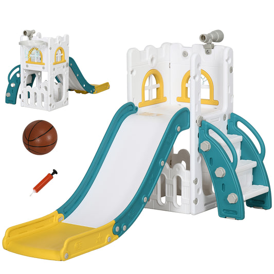 Photo of AIYAPLAY 5 in 1 Toddler Slide with Basketball Hoop, Climber, Telescope, Storage Basket, for Ages 1-3 Years, Yellow in Yellow colour on a white background