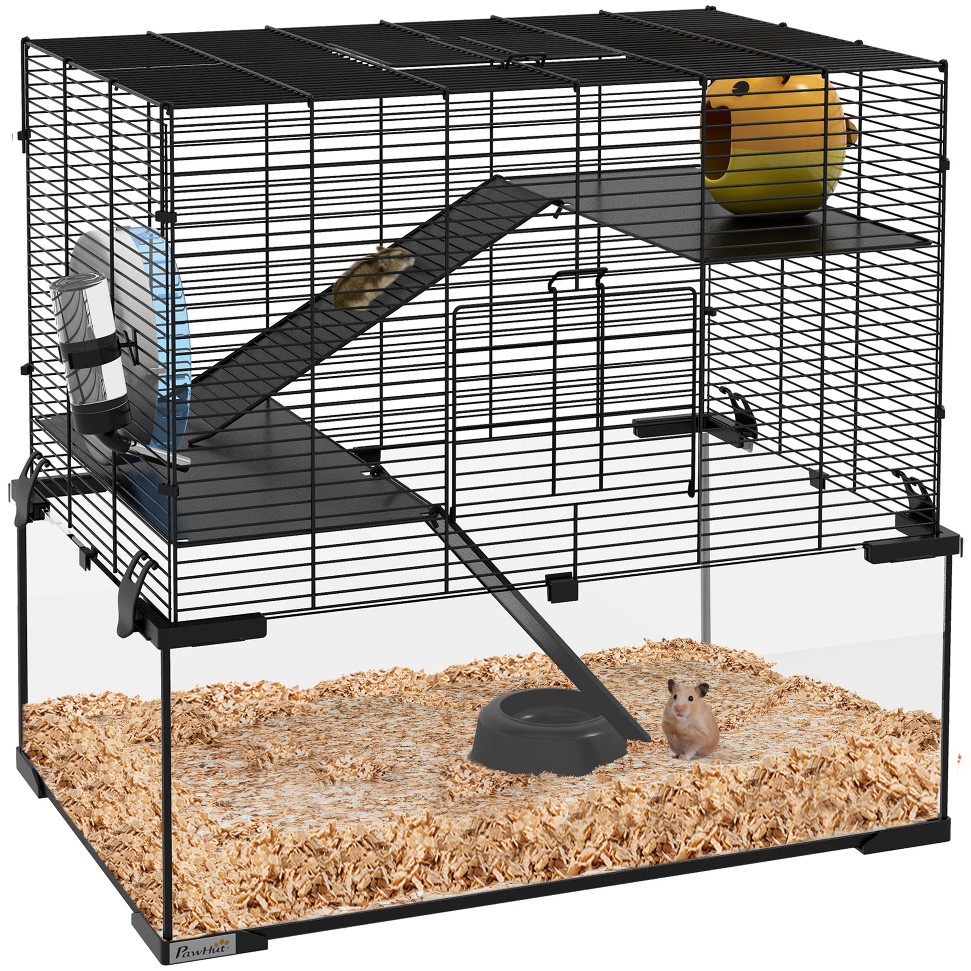 Photo of PawHut 3 Tiers Hamster Cage, Gerbil Cage with Deep Glass Bottom, Non-Slip Ramps, Platforms, Hut, Exercise Wheels, Water Bottle, Dish, for Syrian Hamster, Dwarf Hamster, 60 x 40 x 54.5cm in 54.5cm colour on a white background
