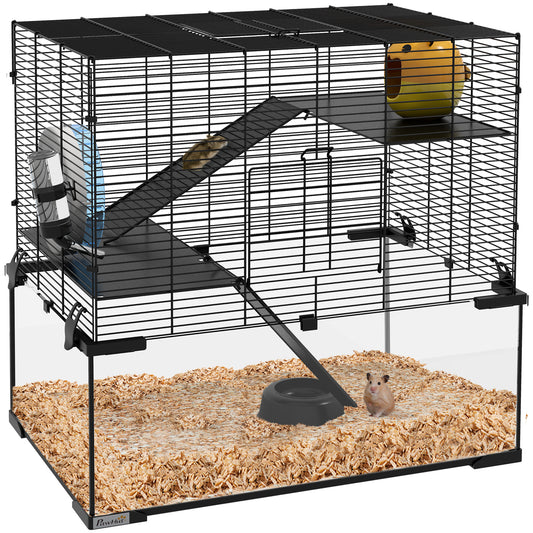 Photo of PawHut 3 Tiers Hamster Cage, Gerbil Cage with Deep Glass Bottom, Non-Slip Ramps, Platforms, Hut, Exercise Wheels, Water Bottle, Dish, for Syrian Hamster, Dwarf Hamster, 60 x 40 x 54.5cm in 54.5cm colour on a white background