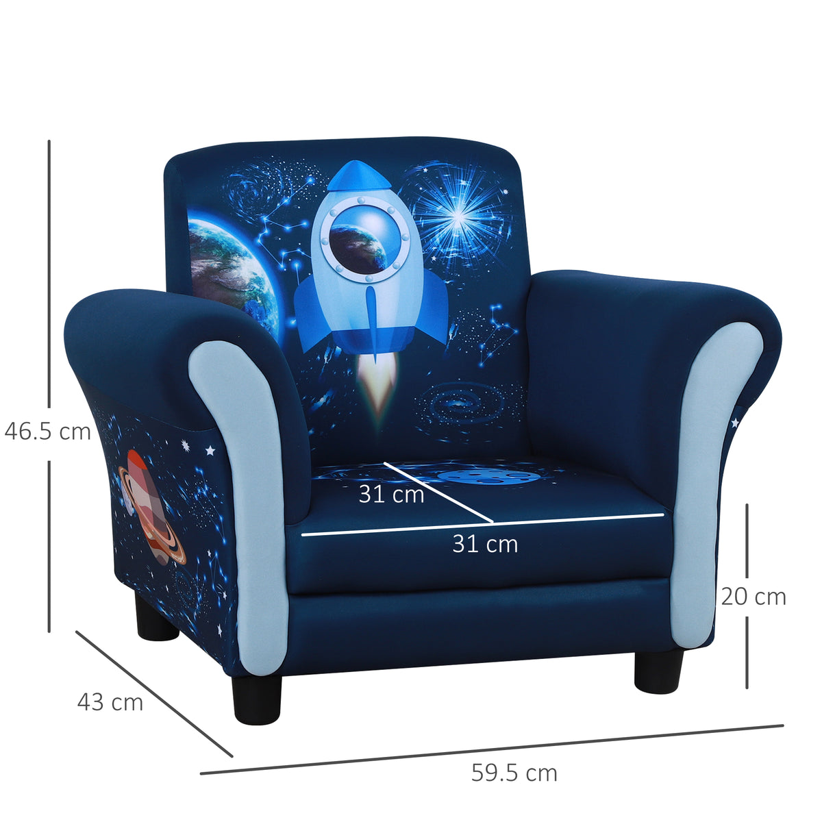 Blue children's armchair with rocket print and dimensions labeled 59.5 by 43 by 46.5 cm