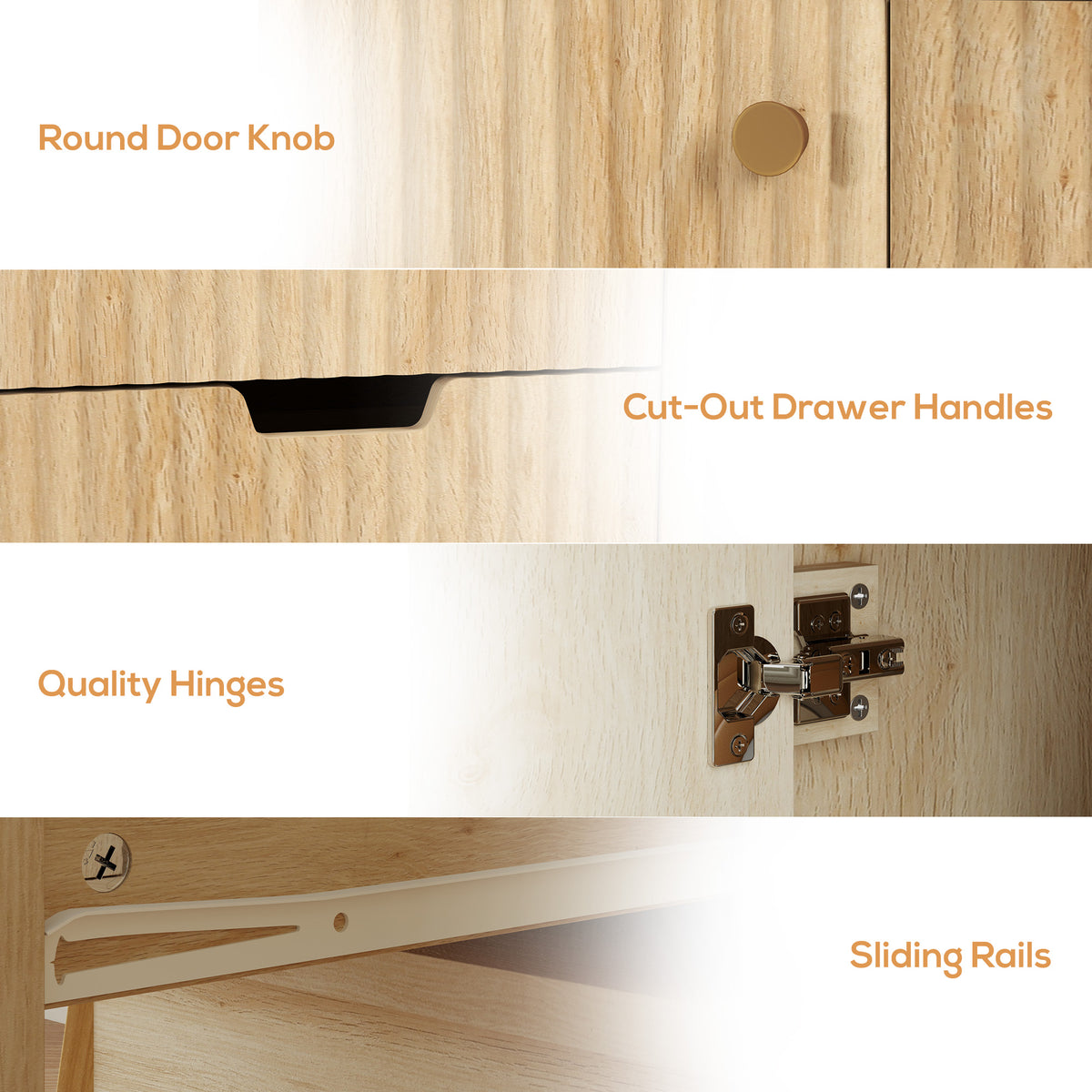 Sideboard details showing round cabinet knob, cutout drawer pulls, hinges, and sliding rails