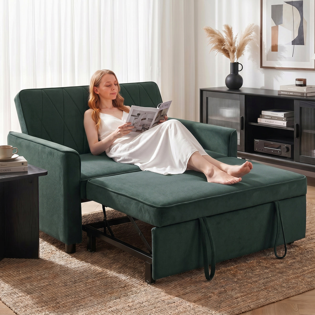 HOMCOM 2 Seater Sofa Bed, 3-in-1 Convertible Pull Out Sleeper Sofa with Click-Clack Adjustable Backrest, Dark Green
