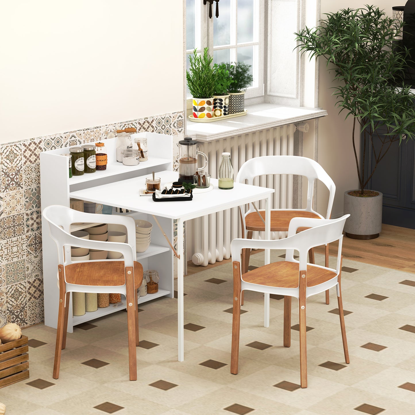 HOMCOM Kitchen Table, Folding Dining Table, with 4-Tier Shelves, Modern Drop-Leaf Table, White