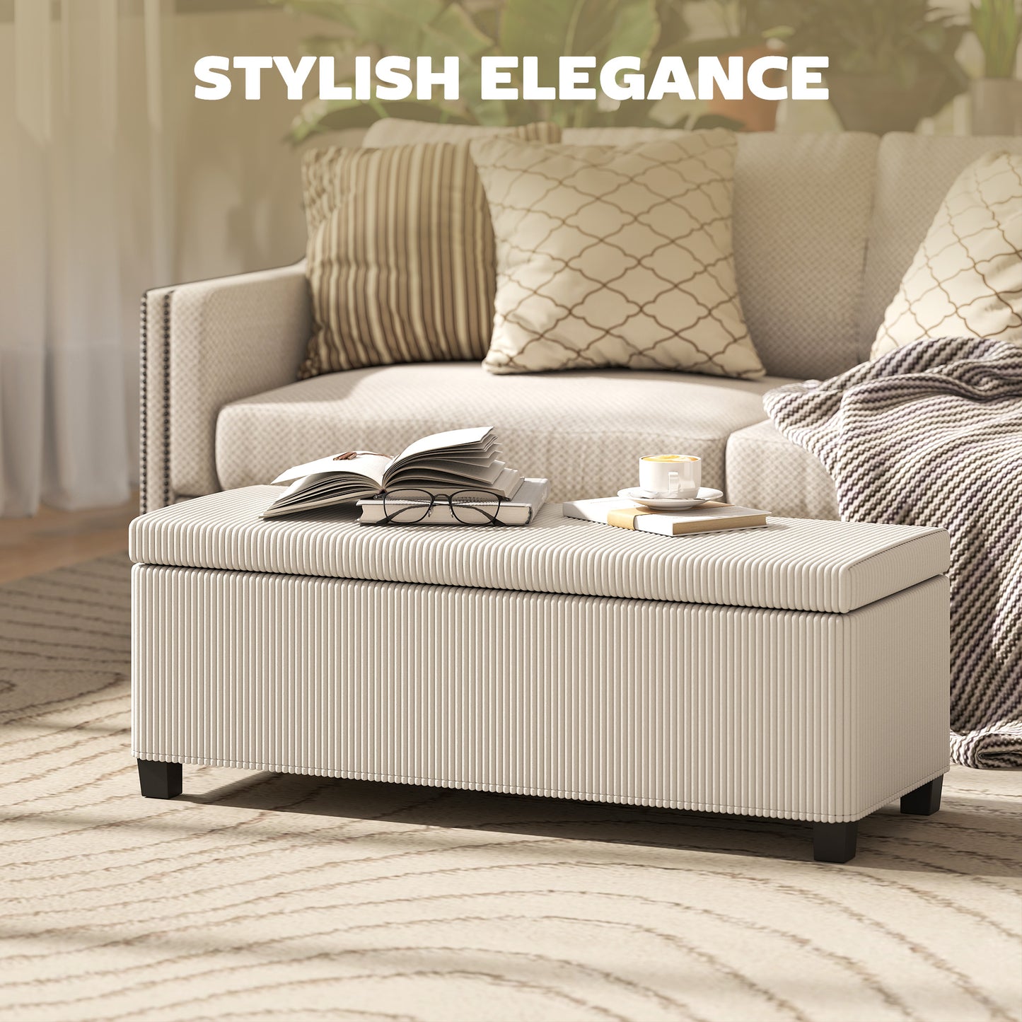 HOMCOM Storage Ottoman Bench, Corduroy Storage Chest Box with Wooden Legs, 112cm Bed End Bench for Living Room, Bedroom, Entryway, Hallway, Beige
