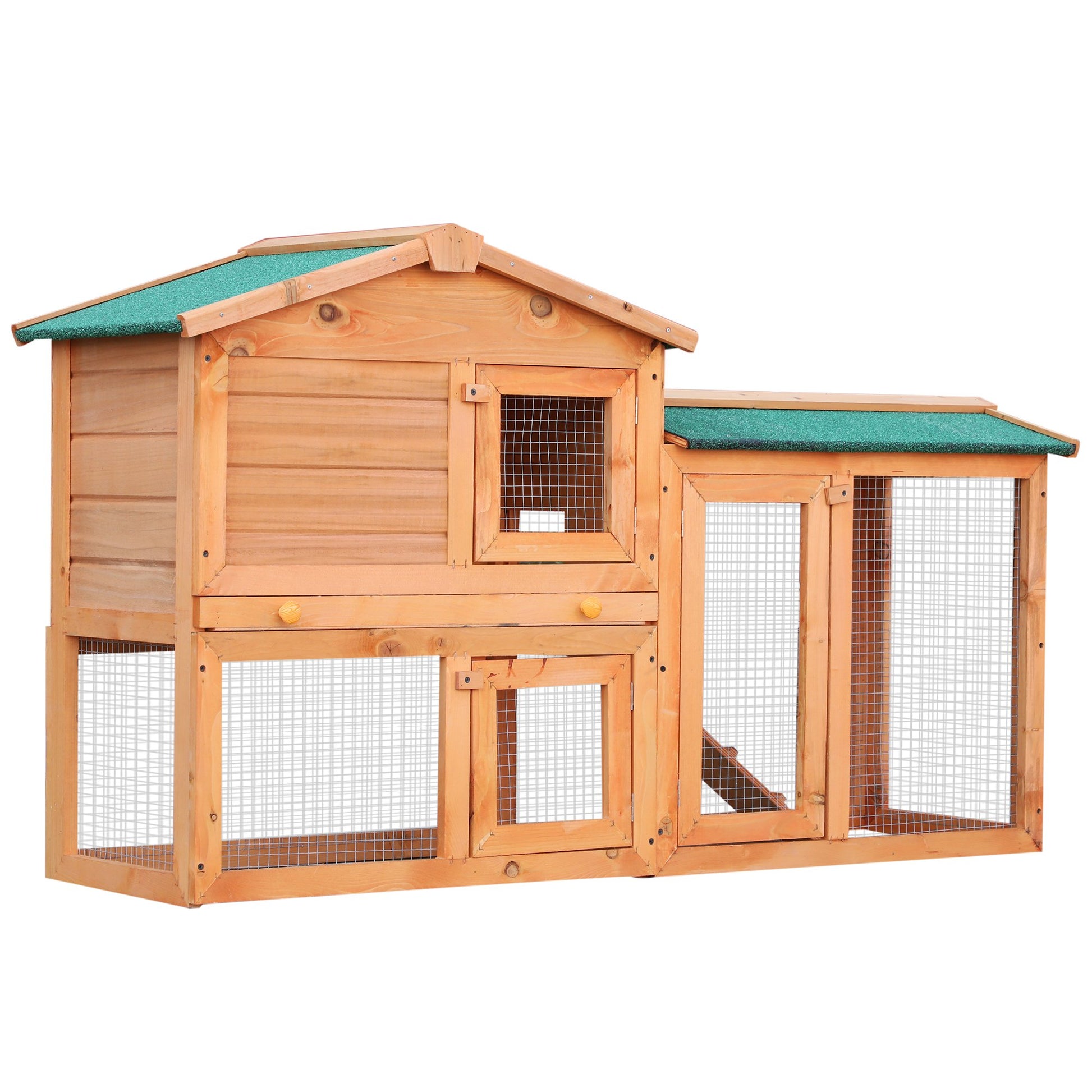 Photo of PawHut Rabbit 2 Tier Fir Wood Small Animal Hutch Guinea Pigs Hutches w/ Ramp Brown in Brown colour on a white background