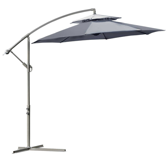 Photo of Outsunny 2.7m Garden Banana Parasol Cantilever Umbrella with Crank Handle, Double Tier Canopy and Cross Base for Outdoor, Hanging Sun Shade, Dark Grey in Grey colour on a white background