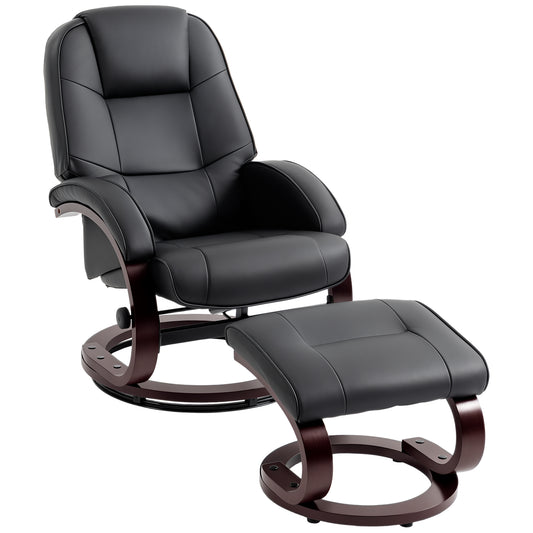 Photo of HOMCOM Swivel Recliner Chair with Footstool, PU Leather Recliner Armchair with Adjustable Back and Wood Frame, Black in Black colour on a white background