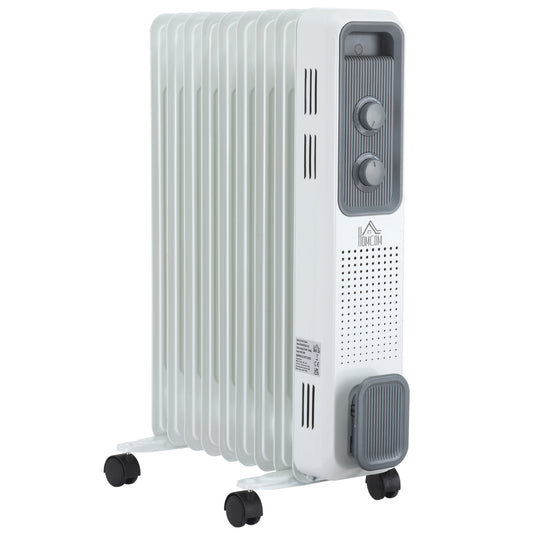 Photo of HOMCOM 2000W Oil Filled Radiator, 9 Fin, Portable Electric Heater with 3 Heat Settings, Safety Cut-Off and Wheels, White in White colour on a white background