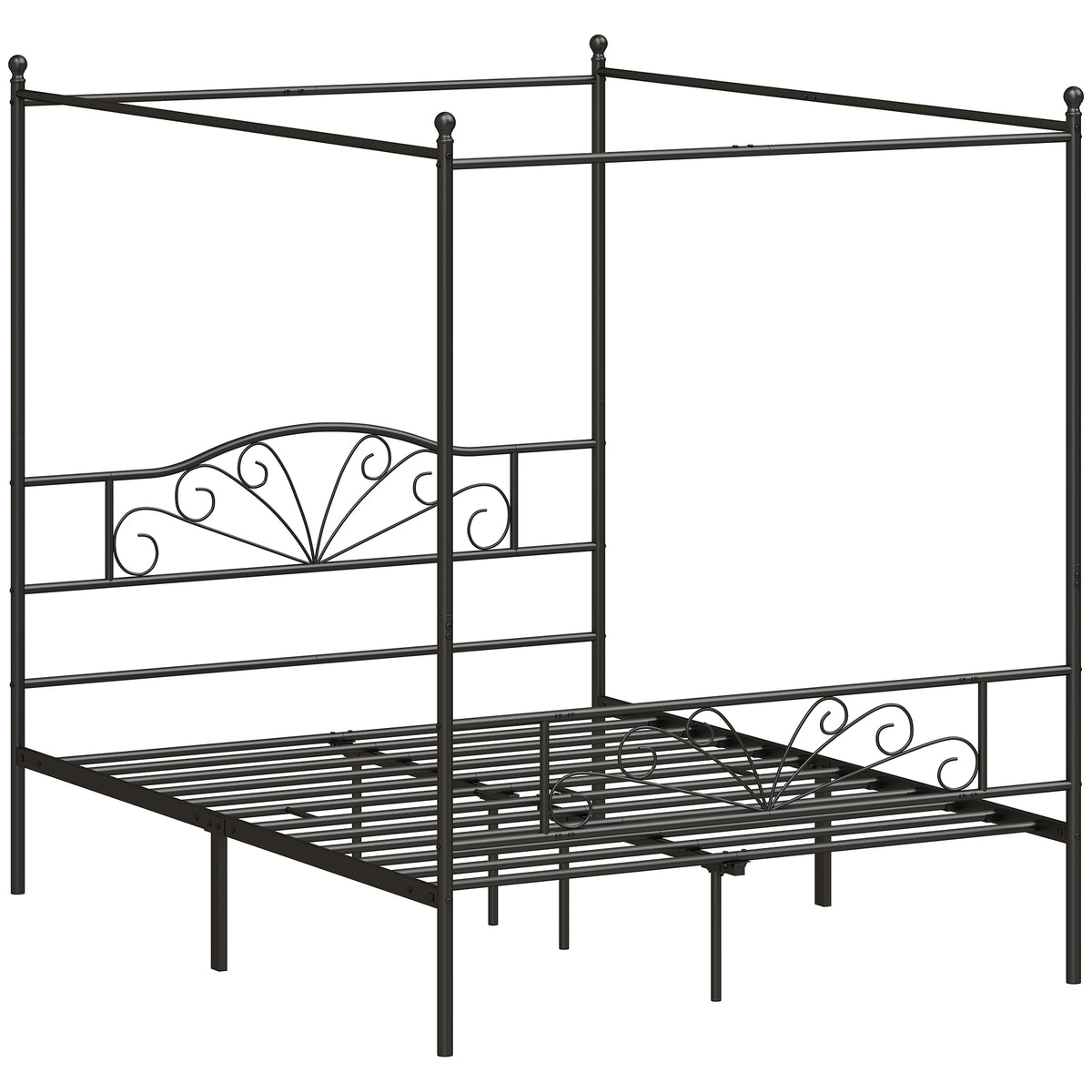 Photo of HOMCOM Canopy Bed Frame Double Size, Metal Platform Bed Frame with Headboard and Footboard, Underbed Storage, Black in Black colour on a white background