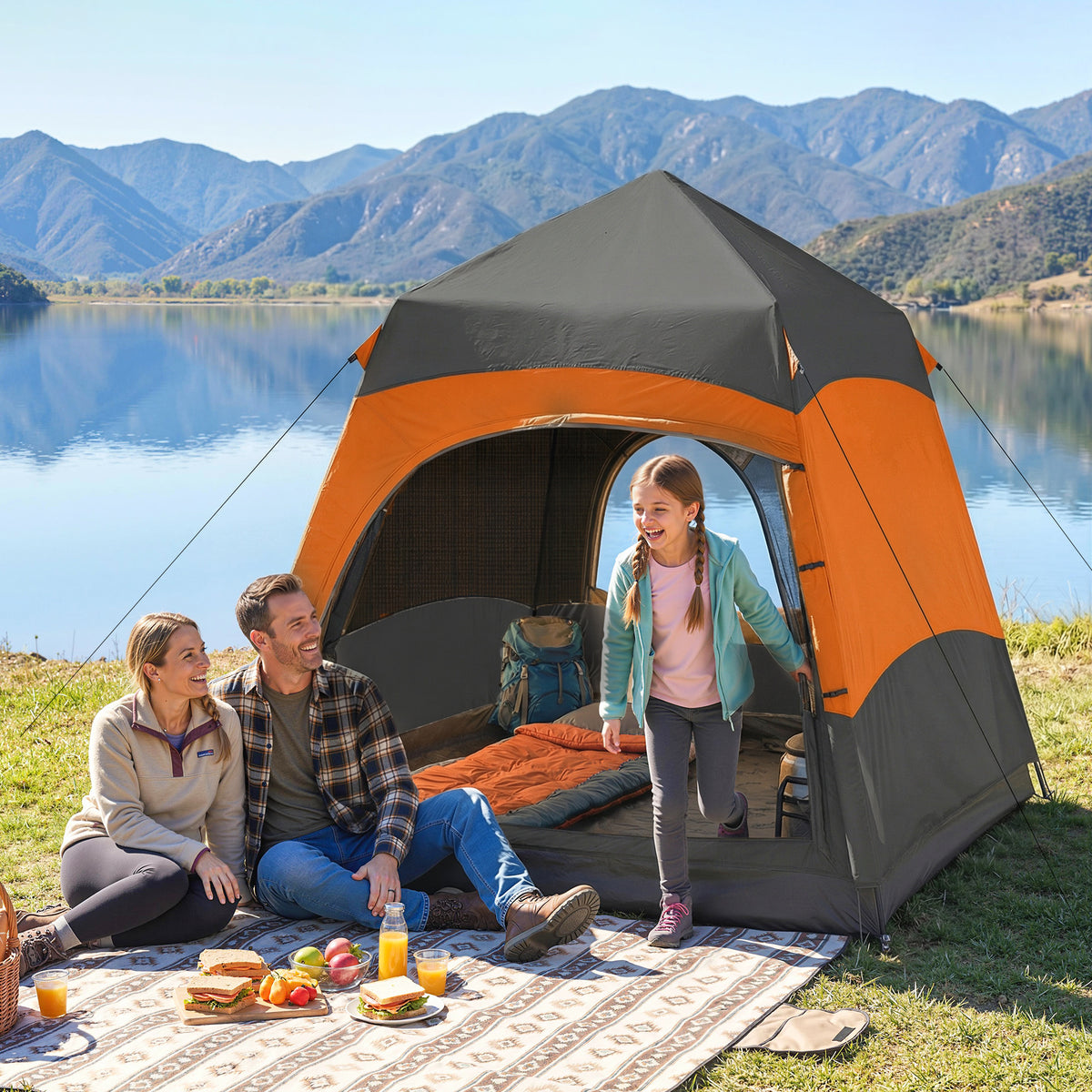 Outsunny 3 Man Instant Pop Up Tent with Rainfly, Portable Camping Shelter with Sewn-in Groundsheet, Carry Bag, Orange