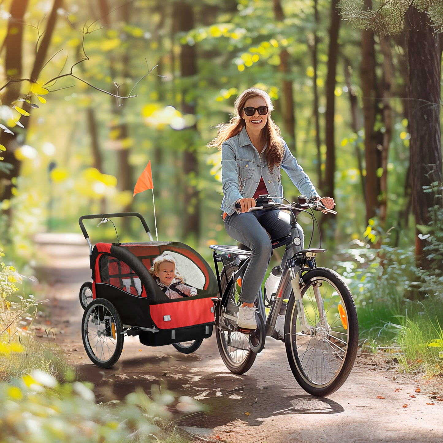 HOMCOM 2 Seat Bike Trailer with 5 Point Harness, Baby Bike Stroller with Safety Flag, Reflectors, for 18+ Months, Red