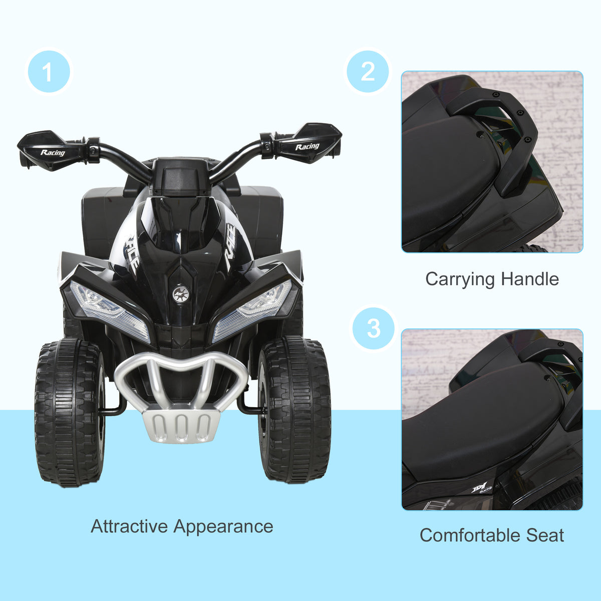 Black ride-on quad shown from the front, with close-ups of its carrying handle and seat.