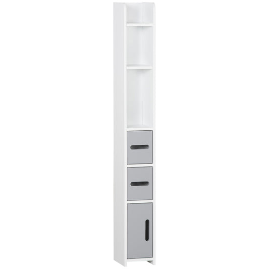 Photo of kleankin Modern Bathroom Storage Cabinet, Freestanding Tall Bathroom Cabinet with Open Shelves and 3 Cupboards with Door, for Bedroom Hallway, Grey in Grey colour on a white background