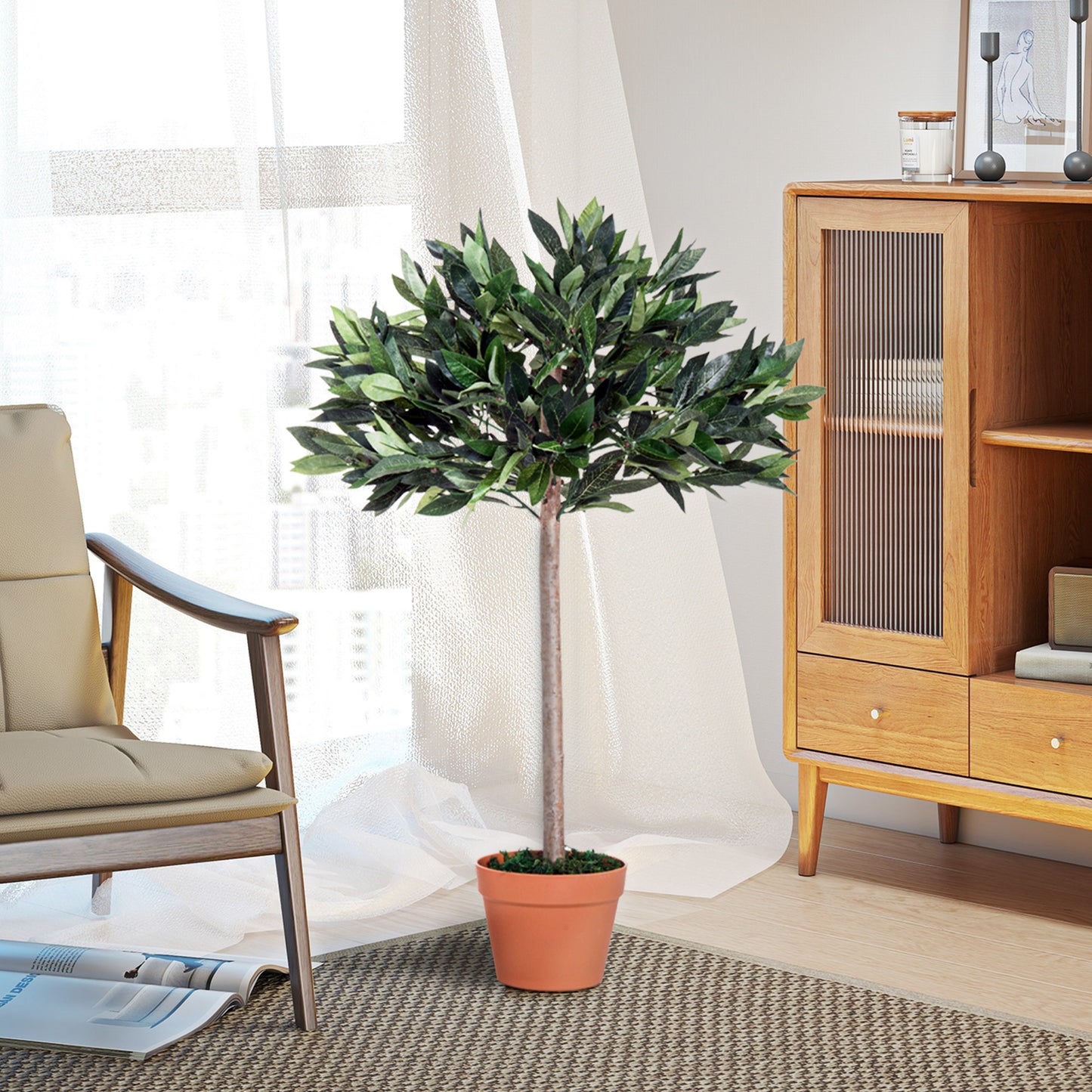 Outsunny Artificial Bay Tree In Pot, 3ft Tall Indoor Outdoor Garden Topiary Ball with Solid Wood Trunk, Realistic Lush Green Leaves for Home Office Garden Porch