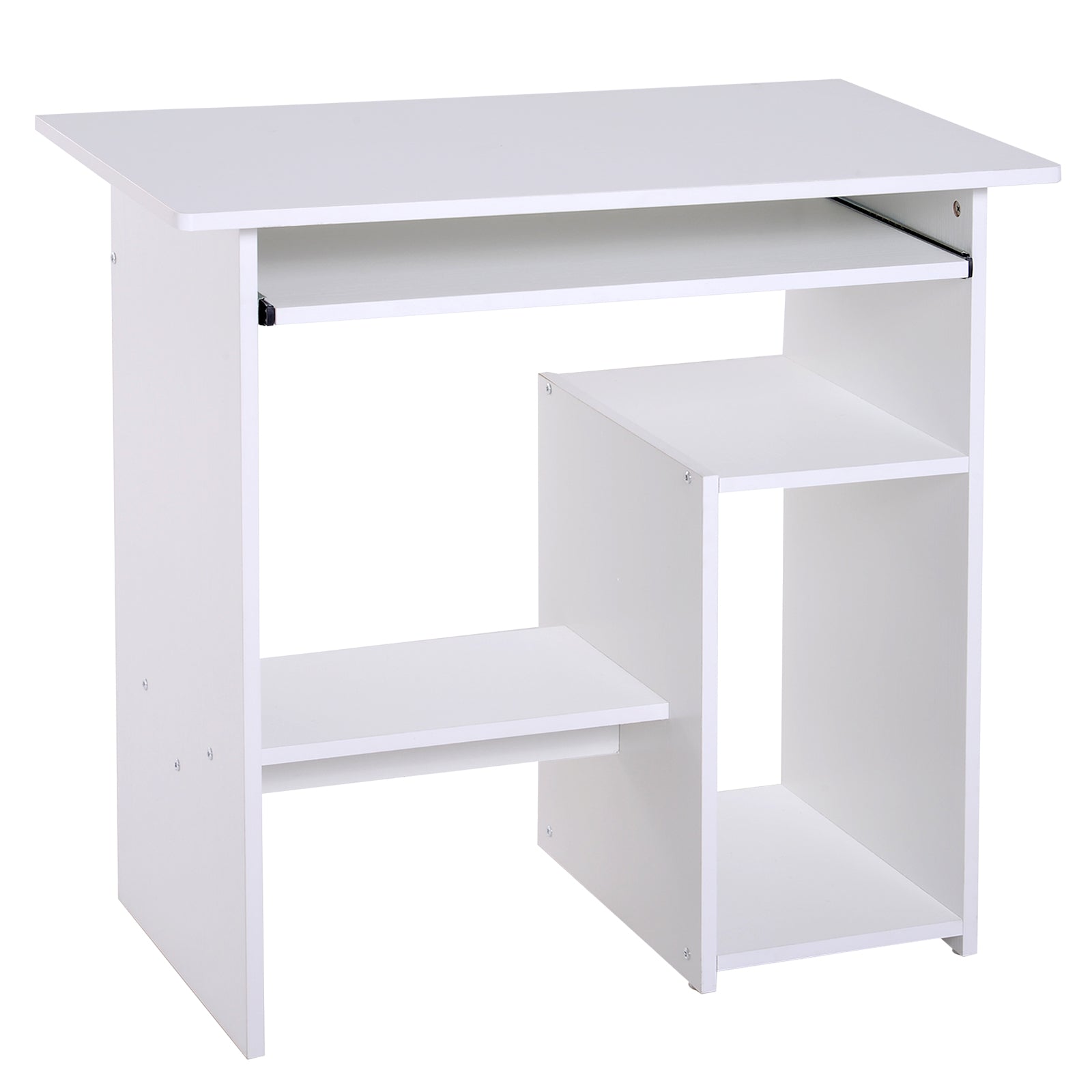 Photo of HOMCOM Compact Small Computer Table Wooden Desk Keyboard Tray Storage Shelf Modern Corner Table Home Office White in White colour on a white background