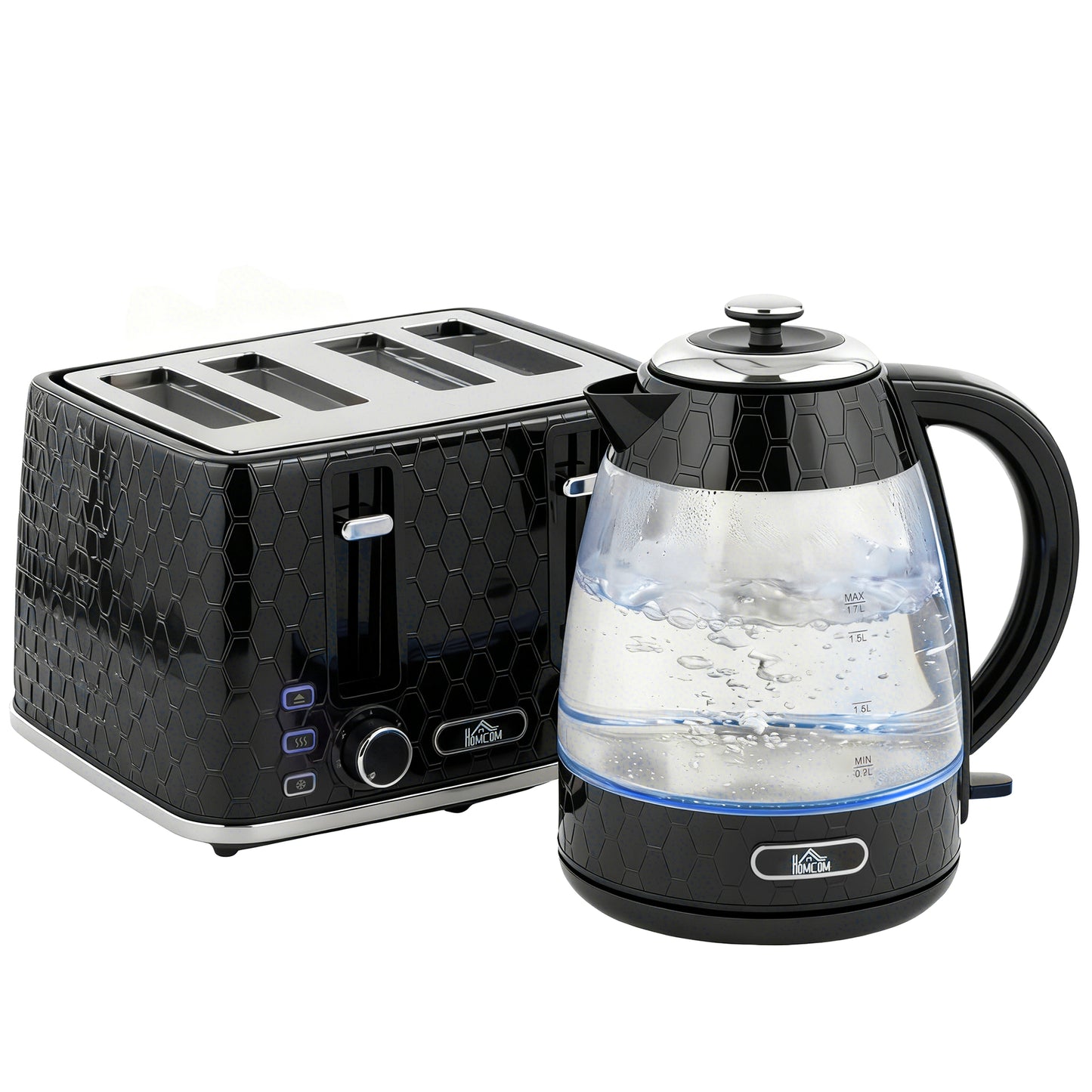 Photo of HOMCOM Kettle and Toaster Set, 1.7L 3000W Rapid Kettle with Strix Thermostat, 4 Slice Toaster with 7 Browning Controls, Black in Black colour on a white background