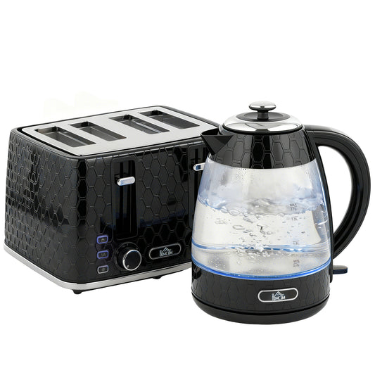 Photo of HOMCOM Kettle and Toaster Set, 1.7L 3000W Rapid Kettle with Strix Thermostat, 4 Slice Toaster with 7 Browning Controls, Black in Black colour on a white background