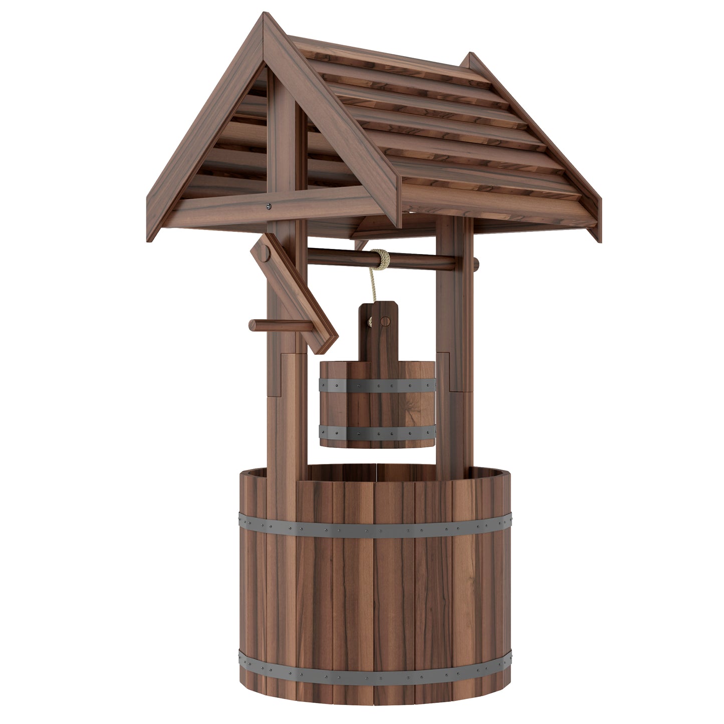 Photo of Outsunny Wood Wishing Well for Outside with Hanging Bucket, Wishing Well Planter with Drain Hole for Garden Patio, Carbonized in Carbonized colour on a white background