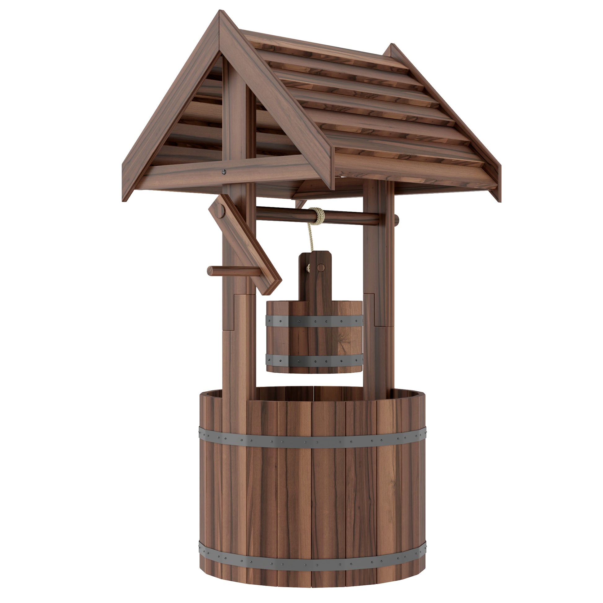 Photo of Outsunny Wood Wishing Well for Outside with Hanging Bucket, Wishing Well Planter with Drain Hole for Garden Patio, Carbonized in Carbonized colour on a white background