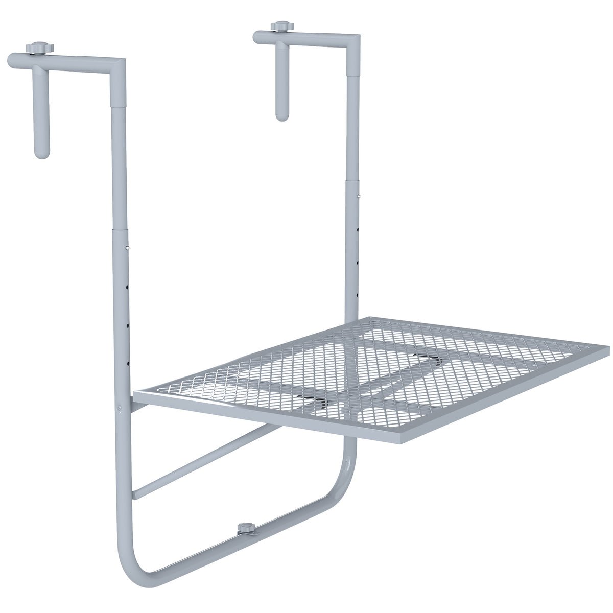 Grey metal balcony hanging table with a rectangular grid top and adjustable rail hooks