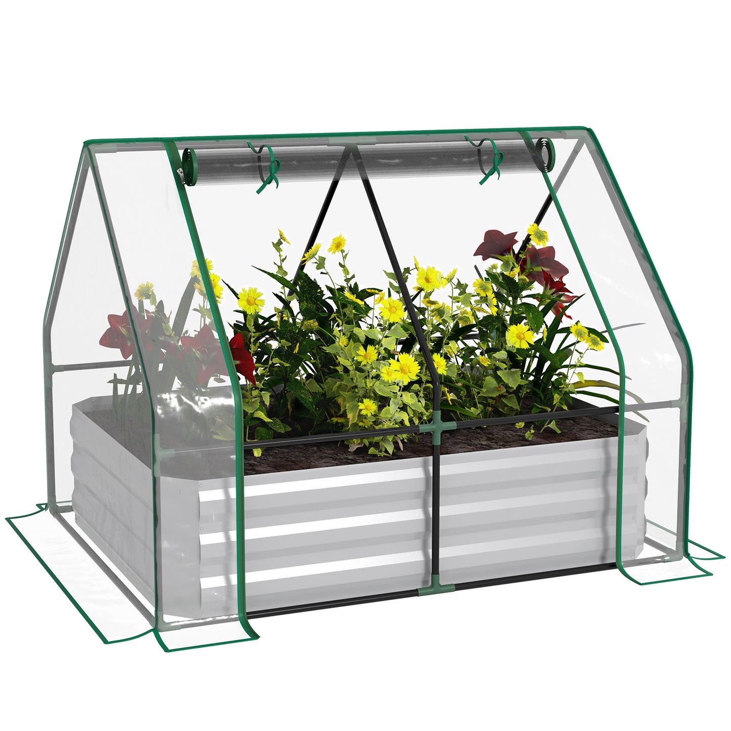 Photo of Outsunny Raised Garden Bed with Greenhouse, Steel Planter Box with Plastic Cover, Roll Up Window, Dual Use for Flowers, Vegetables, Fruits and Herbs, 127L x 95W x 92H cm, Clear in Clear colour on a white background