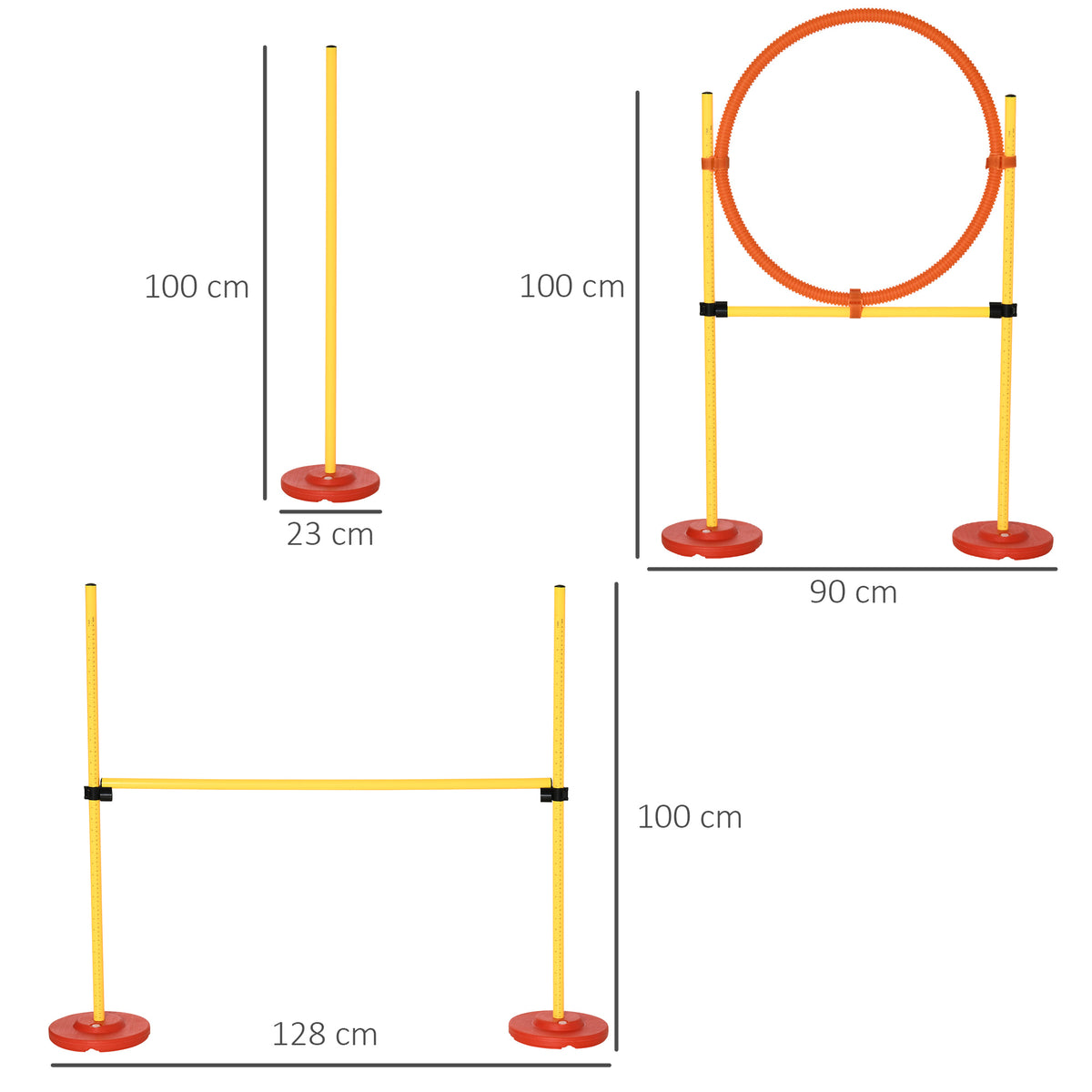 Dog agility hurdle and jumping ring with dimensions shown; poles stand 100 cm tall