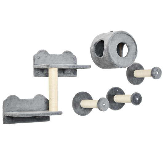 Photo of PawHut 5PCs Cat Wall Furniture with Perch, Cat House, Scratching Post in Post colour on a white background