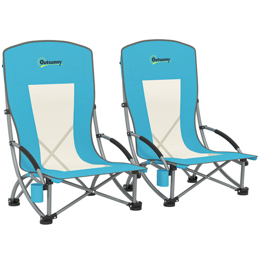 Photo of Outsunny Set of 2 Folding Beach Chair, Low Camping Chair with Mesh Back, Carry Bag and Cup Holder for Garden Outdoor Picnic Festival Travel, Blue in Blue colour on a white background