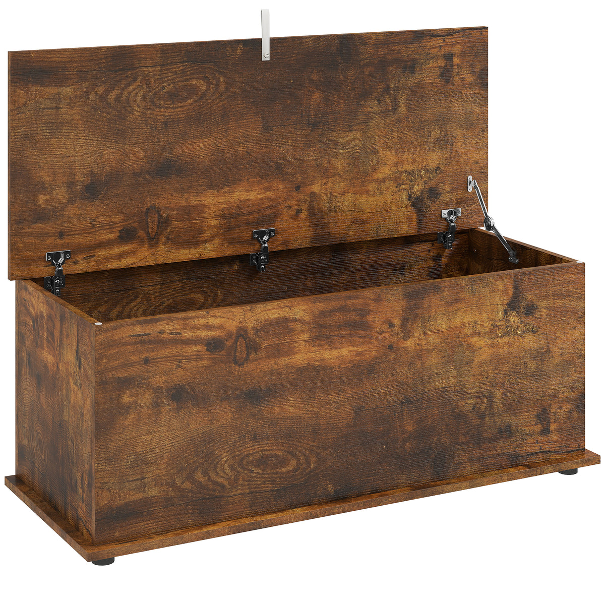 Rustic brown storage chest with open hinged lid and safety support hardware