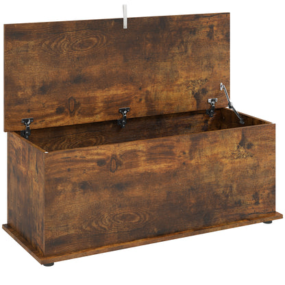 Rustic brown storage chest with open hinged lid and safety support hardware
