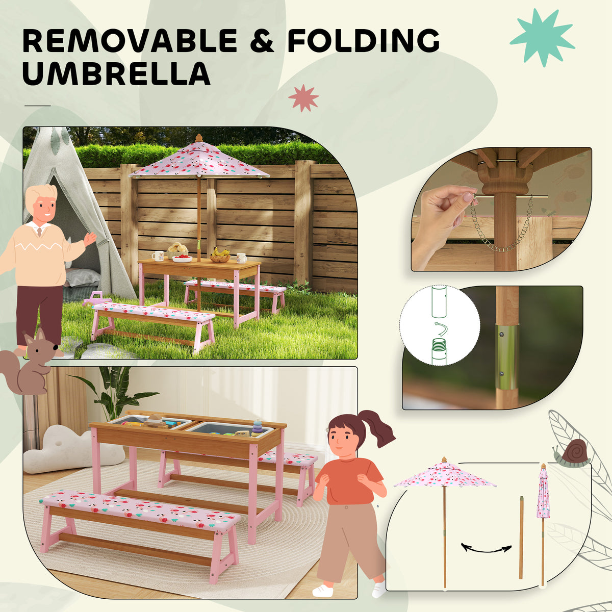 AIYAPLAY kids picnic table set with a removable, folding flamingo-print umbrella