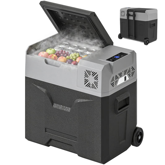 HOMCOM portable compressor fridge freezer with open lid, food compartment and wheels