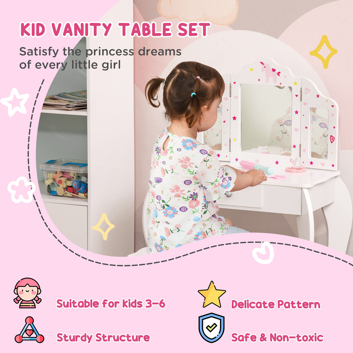 Child using a white kids vanity table with tri-fold mirror and drawer