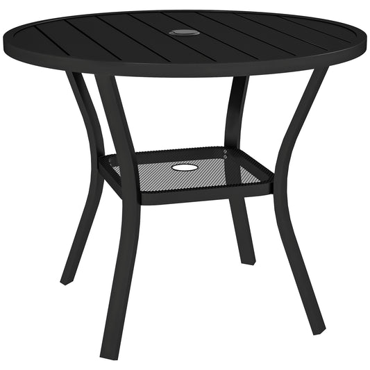 Photo of Outsunny 90 cm Garden Dining Table with 4-5 cm Parasol Hole, Round Outdoor Dining Table, Steel Garden Table with Slatted Metal Top and Wire Shelf for Balcony, Porch, Black in Black colour on a white background