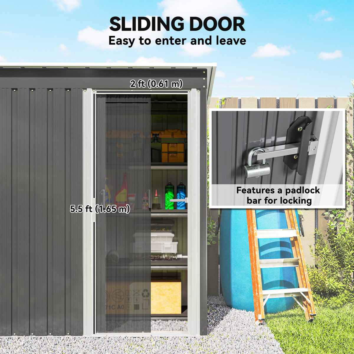 Outsunny garden shed sliding door with shelves and padlock bar