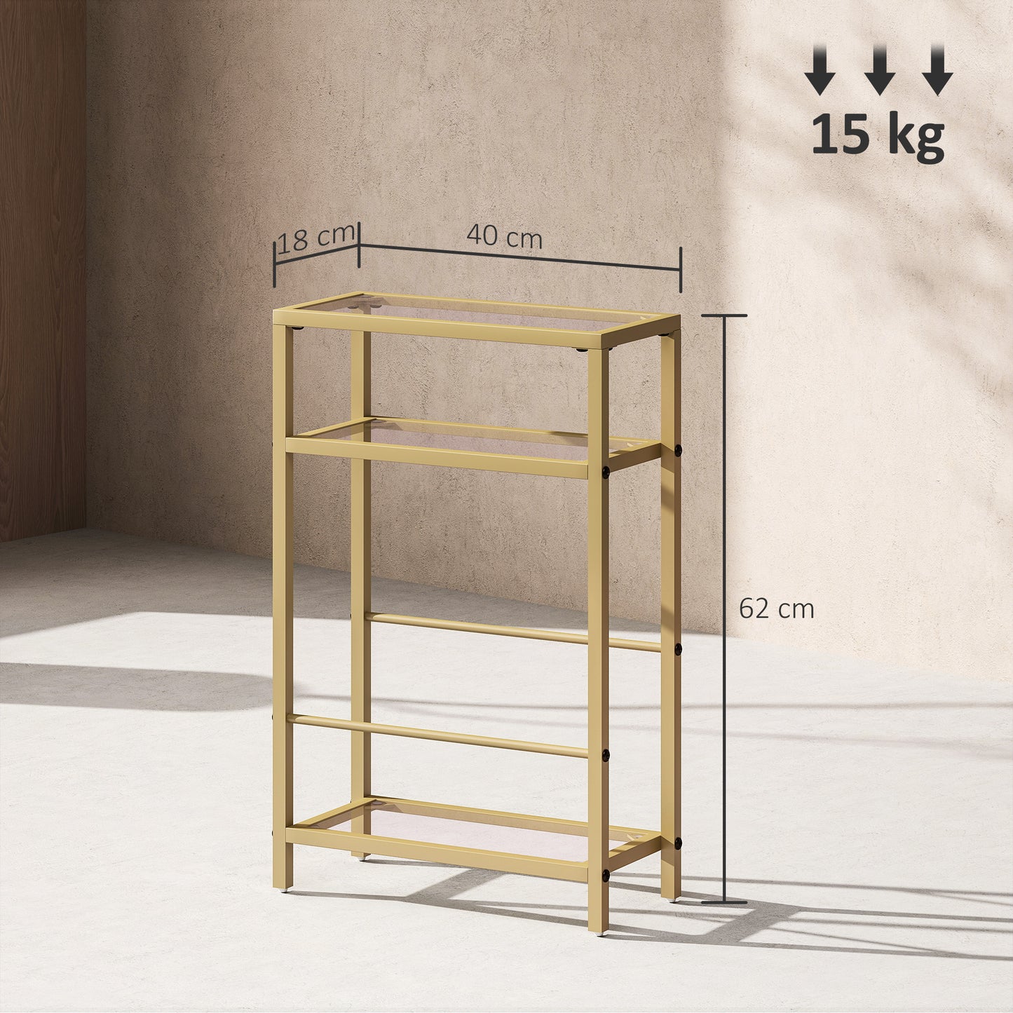 HOMCOM 3-Tier Side Table, Narrow End Table with Storage Shelf and Tempered Glass Tabletop for Small Spaces, Bedroom, Living Room, Entryway, Gold Tone