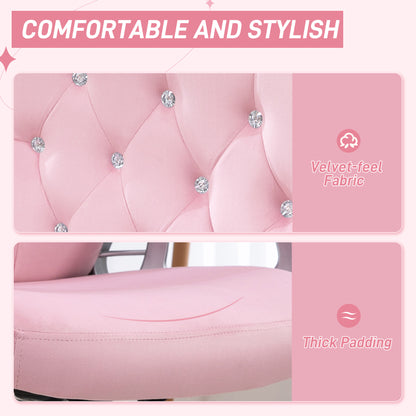 Close-up of pink velvet-feel upholstery, jeweled tufting, and thick padded seat