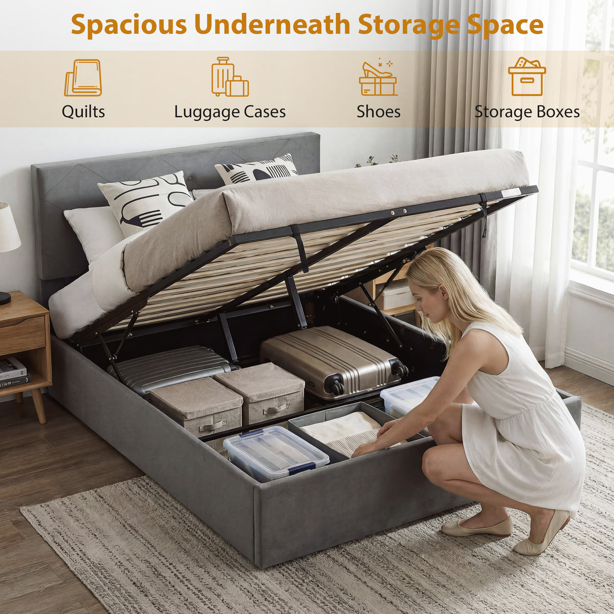 HOMCOM King Size Bed Frame Gas End Lift Under Bed Storage Upholstered Platform Bed Tufted Headboard for 150 x 200 cm Mattress