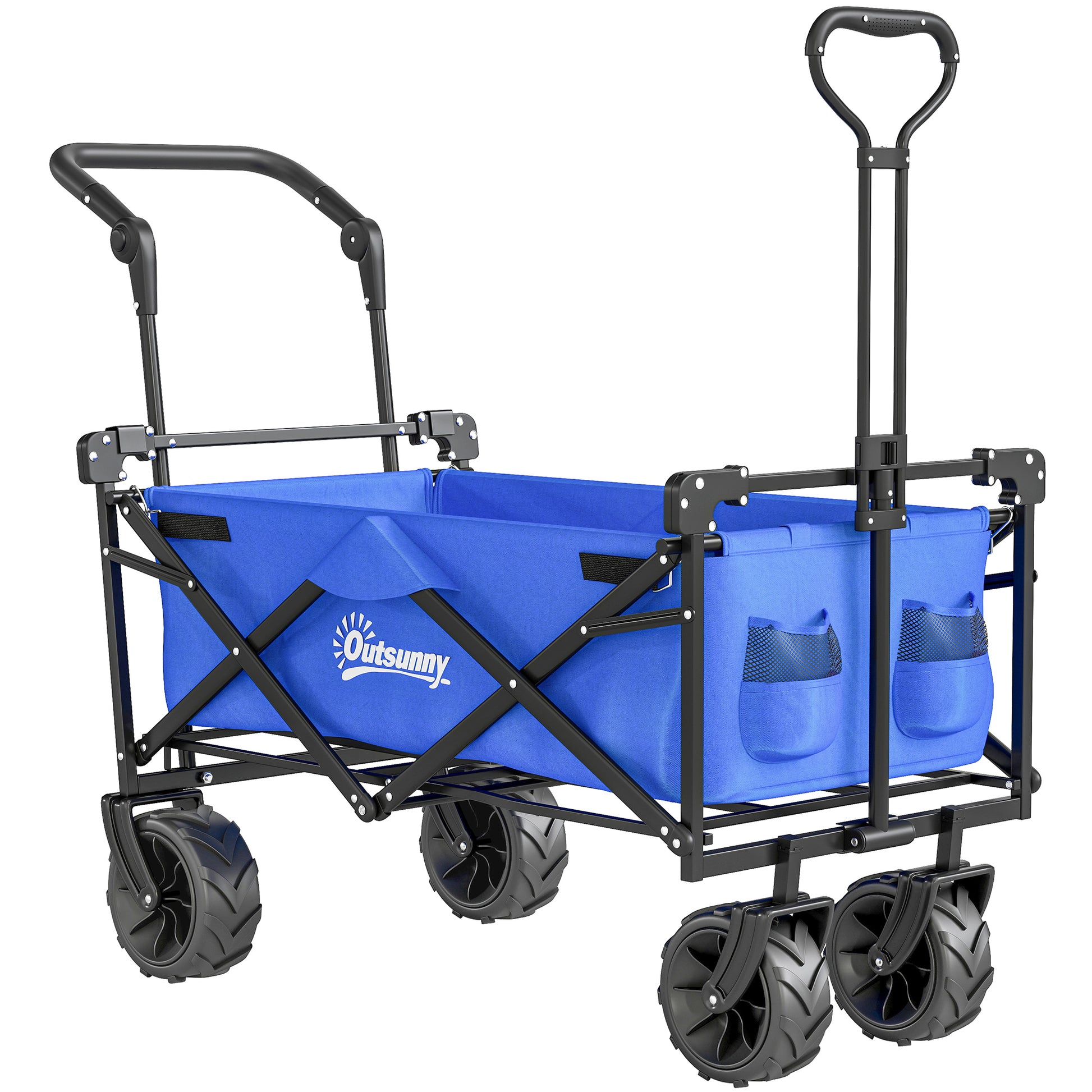 Photo of Outsunny 180L Festival Trolley on Wheels, Push & Pull Beach Cart with Removable Canopy, Wide All-Terrain Wheels, Folding Camping Trolley Cart, Adjustable Handle for Garden Fishing Shopping, Blue in Blue colour on a white background