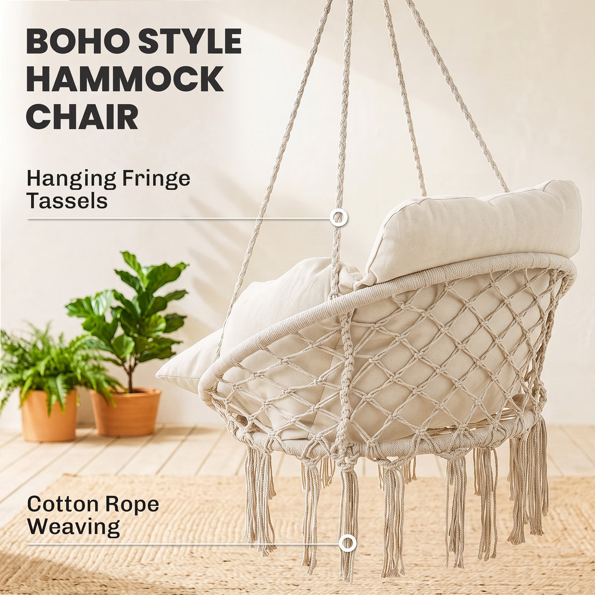 Outsunny hammock chair with cream cotton rope weaving and hanging fringe