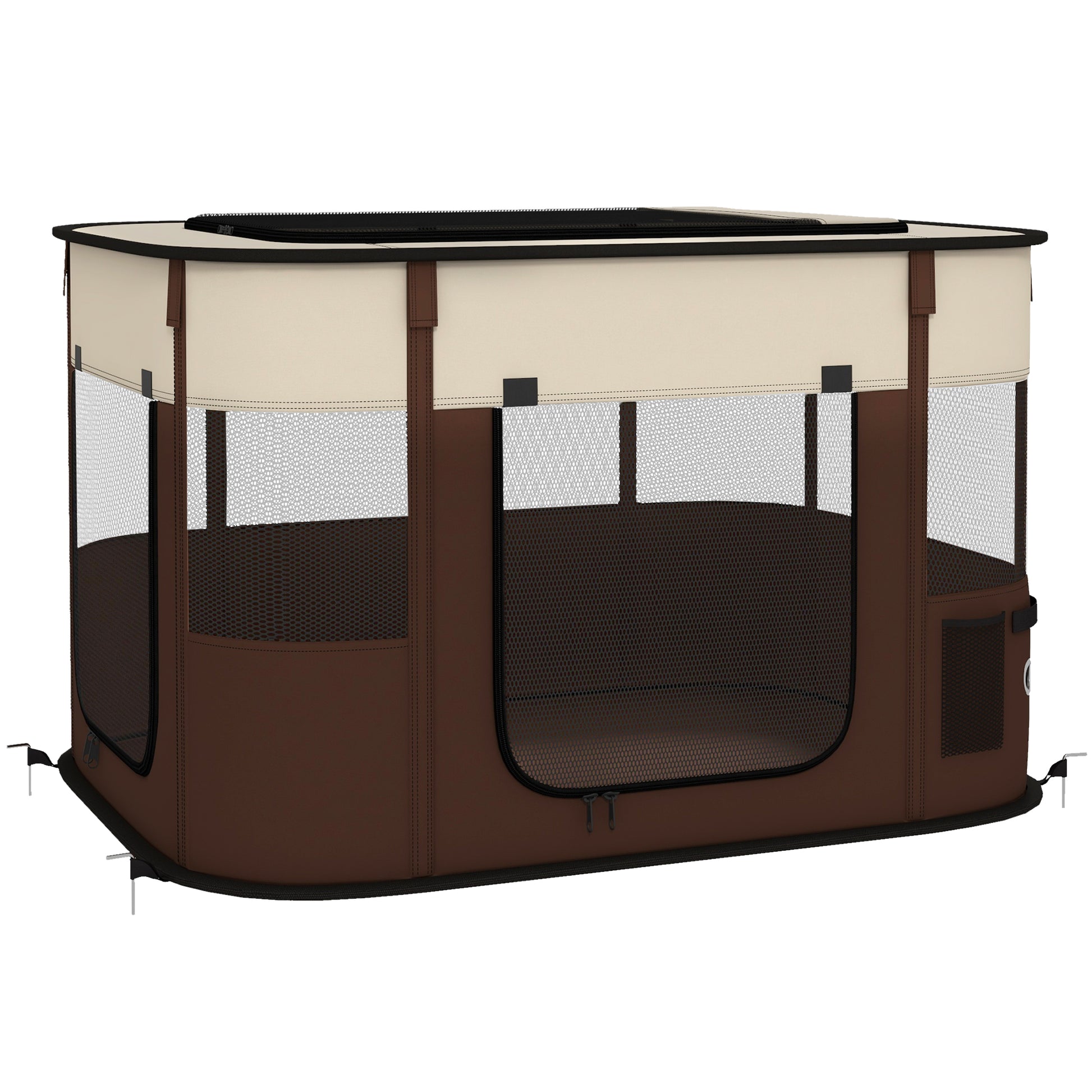 Photo of PawHut Foldable Dog Pen with Storage Bag for Indoor/Outdoor Use, Portable Pet playpen, with Ground Stakes - Brown in Brown colour on a white background