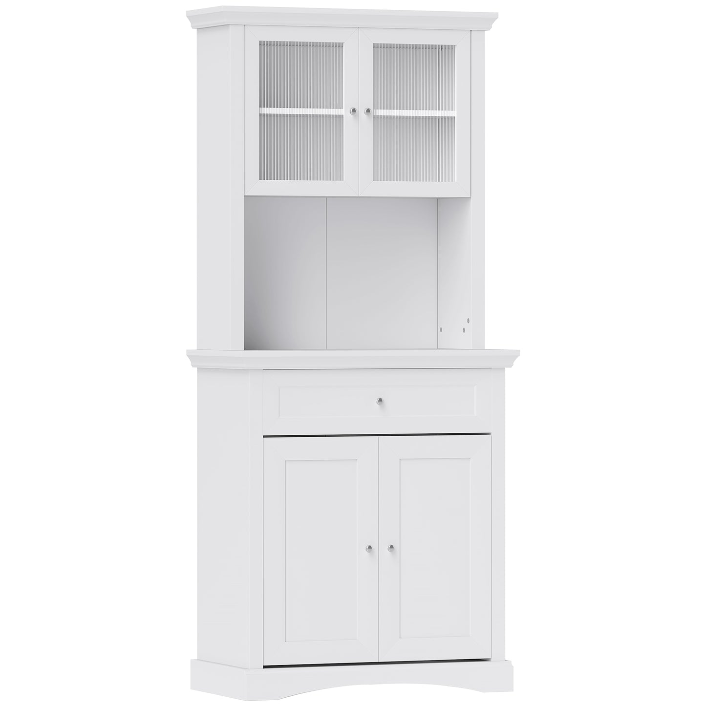 Photo of HOMCOM 4-Door Kitchen Cupboard with Drawer, Freestanding Kitchen Cabinet with Glass Doors, Adjustable Shelves and Open Counter, White in White colour on a white background