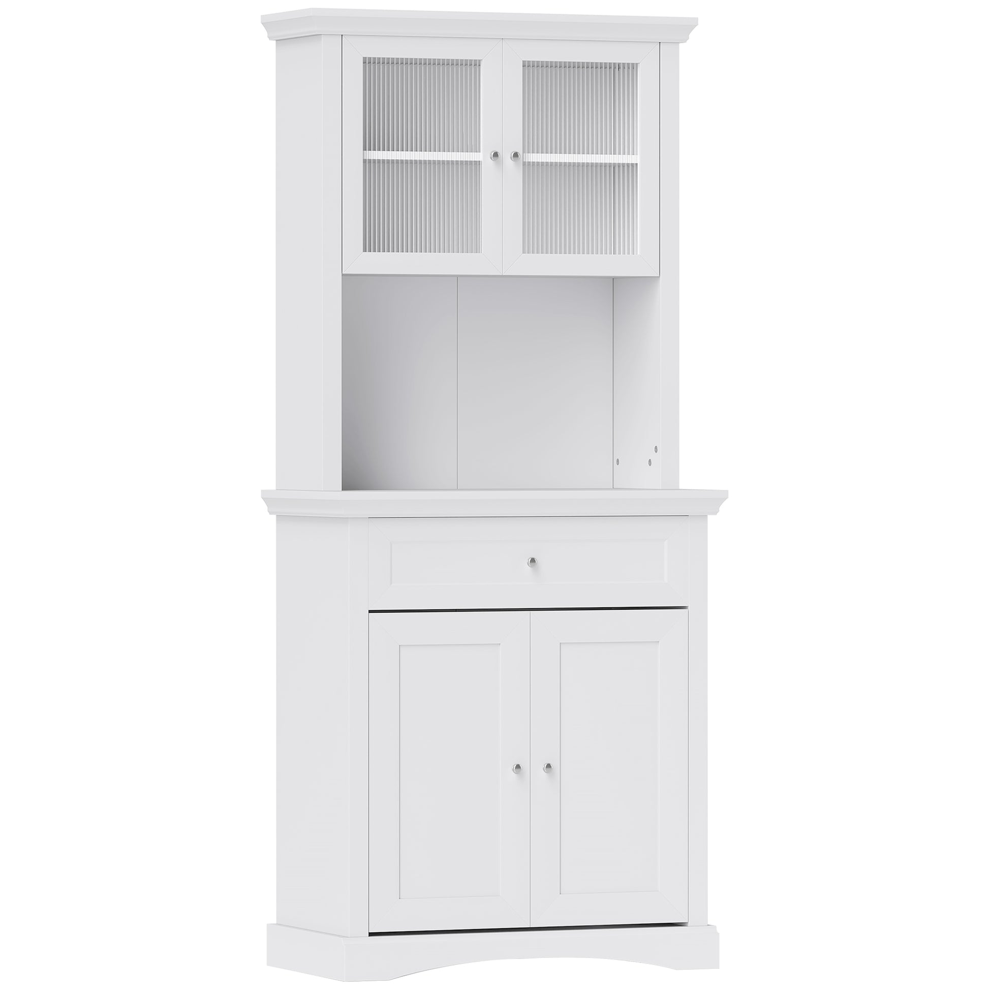 Photo of HOMCOM 4-Door Kitchen Cupboard with Drawer, Freestanding Kitchen Cabinet with Glass Doors, Adjustable Shelves and Open Counter, White in White colour on a white background